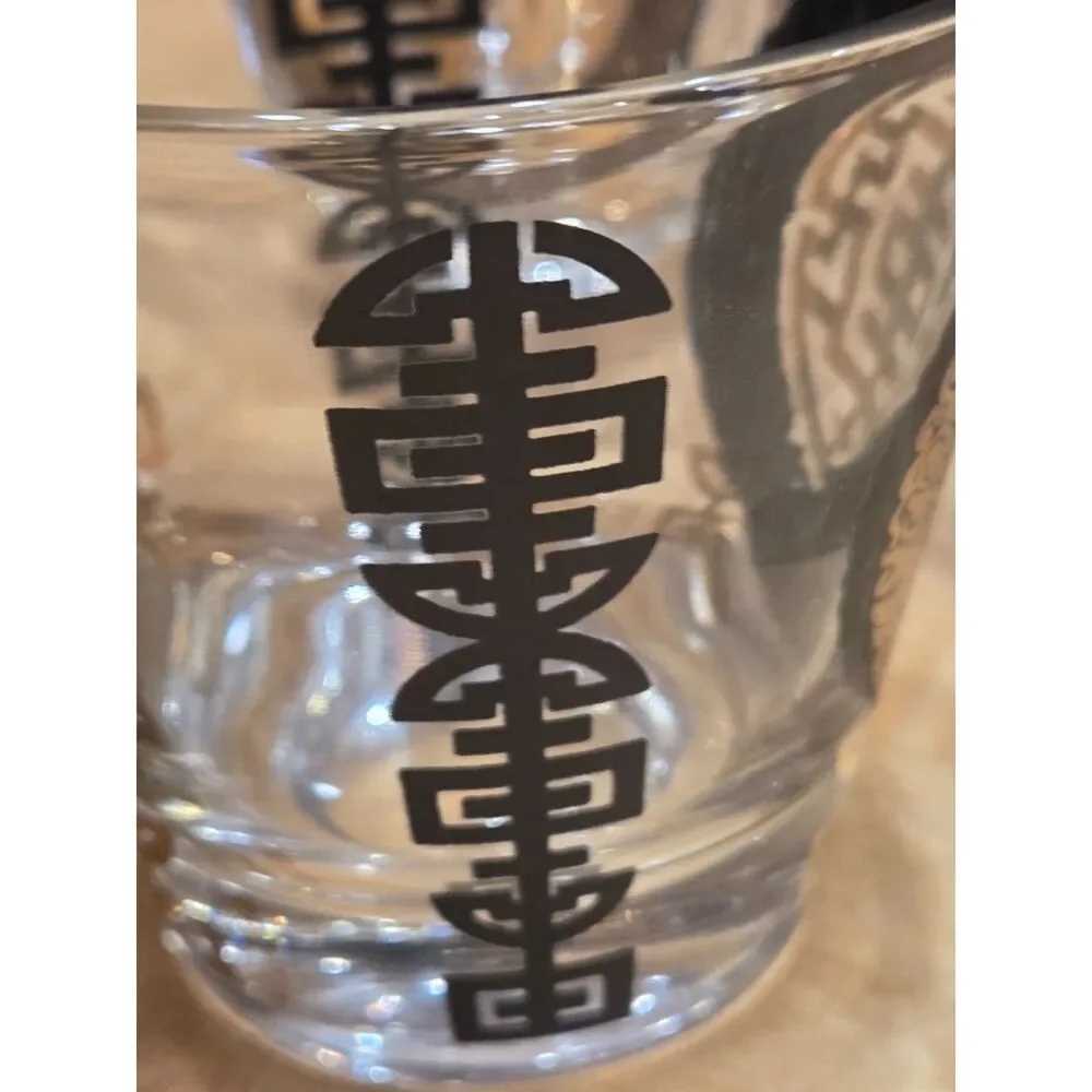 Vintage Mid Century Culver Asian Dynasty Gold Black Rocks Glasses Set 5 Lowball